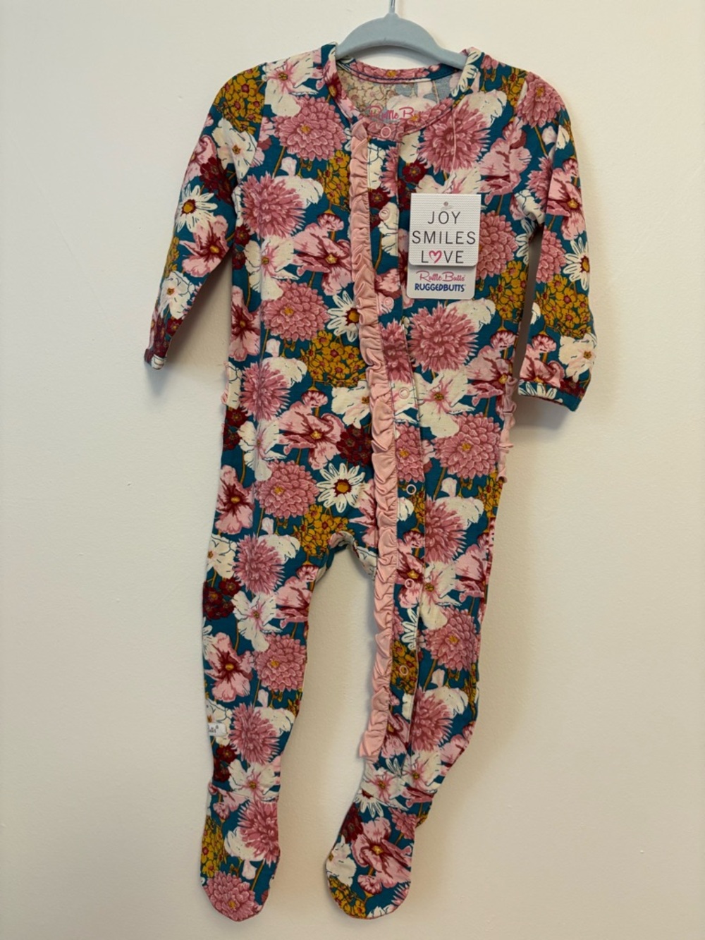 Ruffle Butts Floral Footed One-Piece with Pink Ruffle Trim